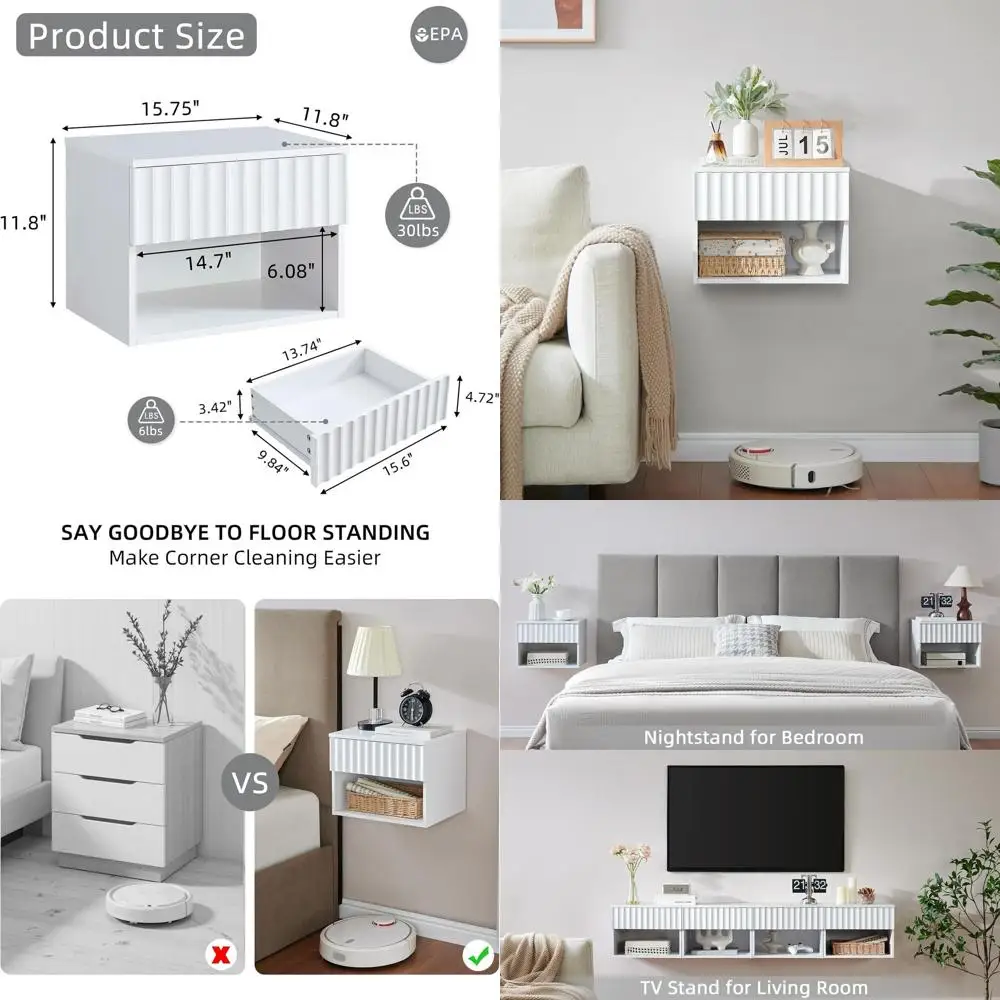

Modern Wall-Mounted Nightstand with Fluted Drawer and Open Shelf - Pair Set in Matte White for Bedroom Use