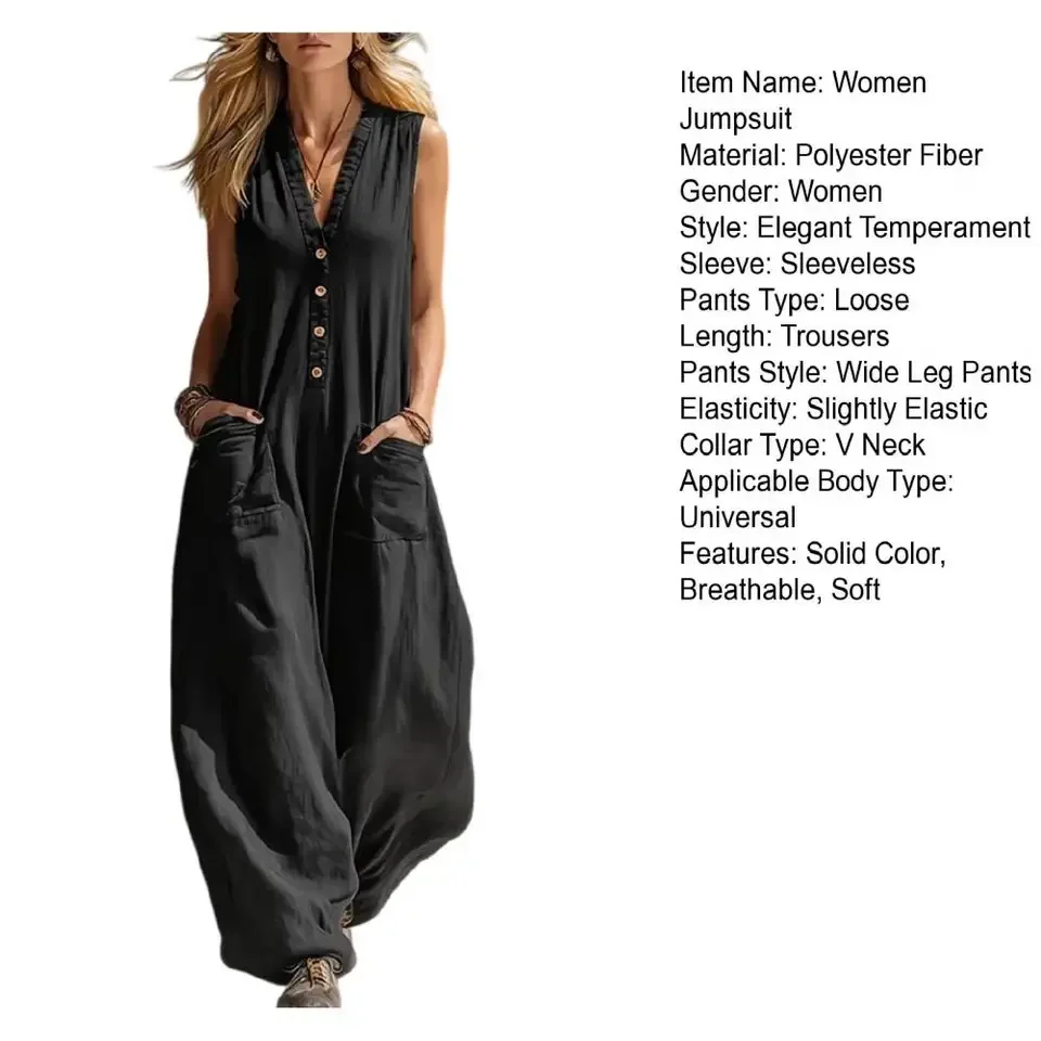 

Fashion New Solid Color V-neck Single-breasted Pocket Jumpsuit For Women Casual Loose Jumpsuits Female Trendy Wide Leg Pants