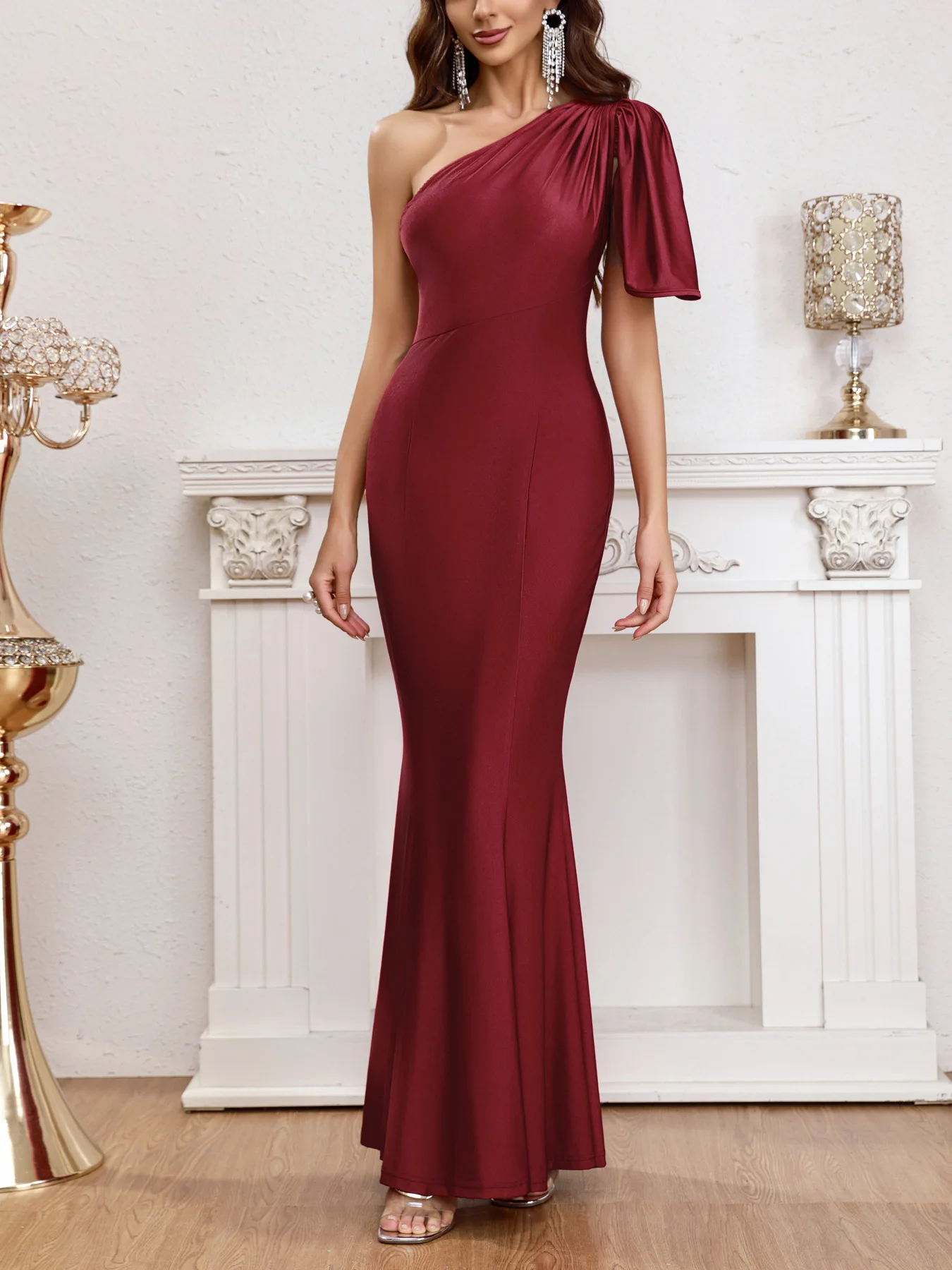 Winered Sexy Sleeveless Dress One Shoulder Ruffle Ruched Party Evening Long Formal Gowns