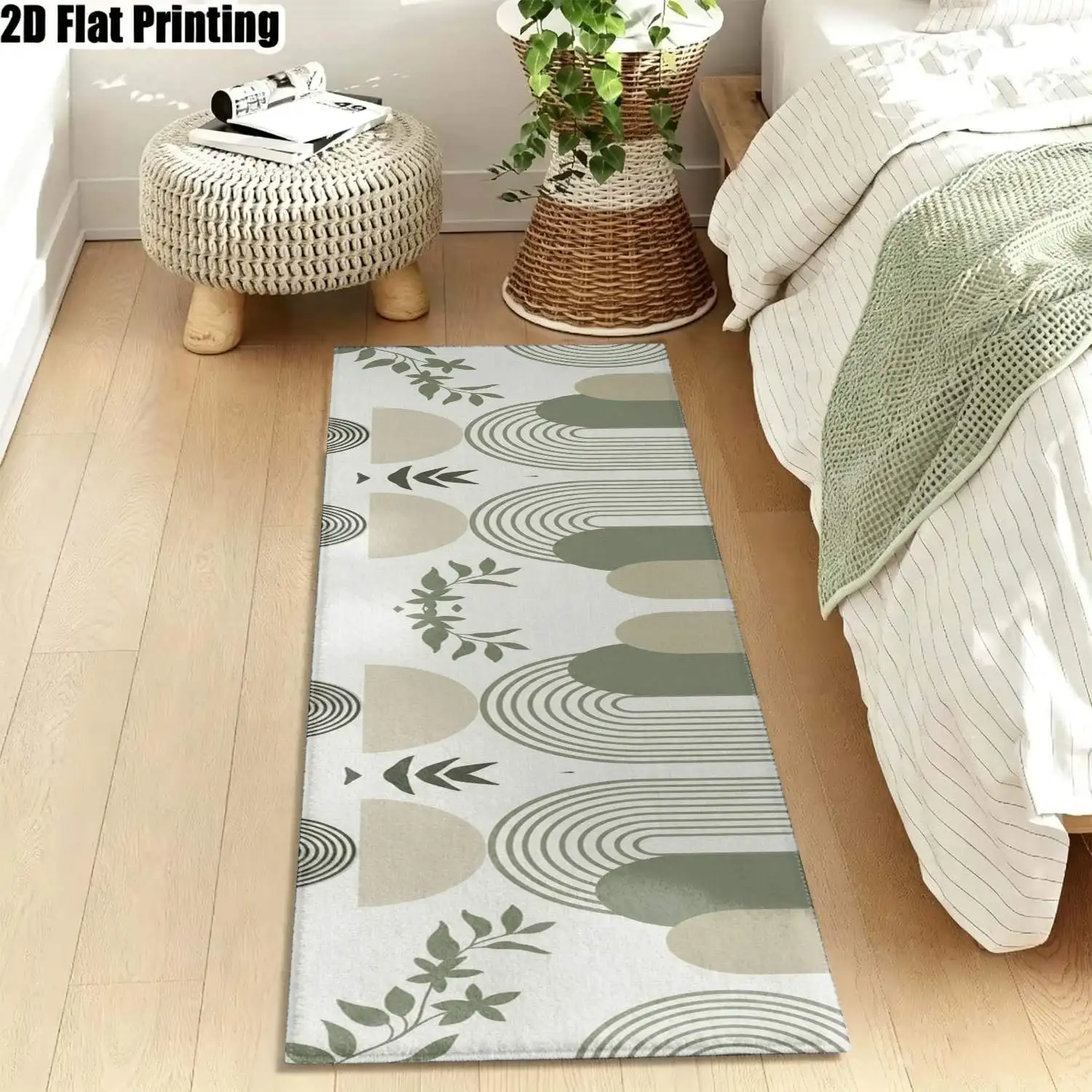 1Pc 2D Printed Olive Green Geometric Long Strip Runner Carpet, Nordic Modern Minimalist Instagram Style, Machine Washable, Multi-Size, for Entrance, Hallway, Living Room, Bedroom Home Decor