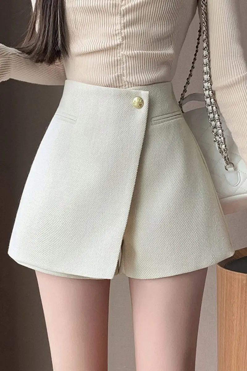 Small Fragrance Style Women's Short Pants Autumn Winter A- Line Skirt Pants High Waist Wide Leg Boot Pants Outerwear TT949