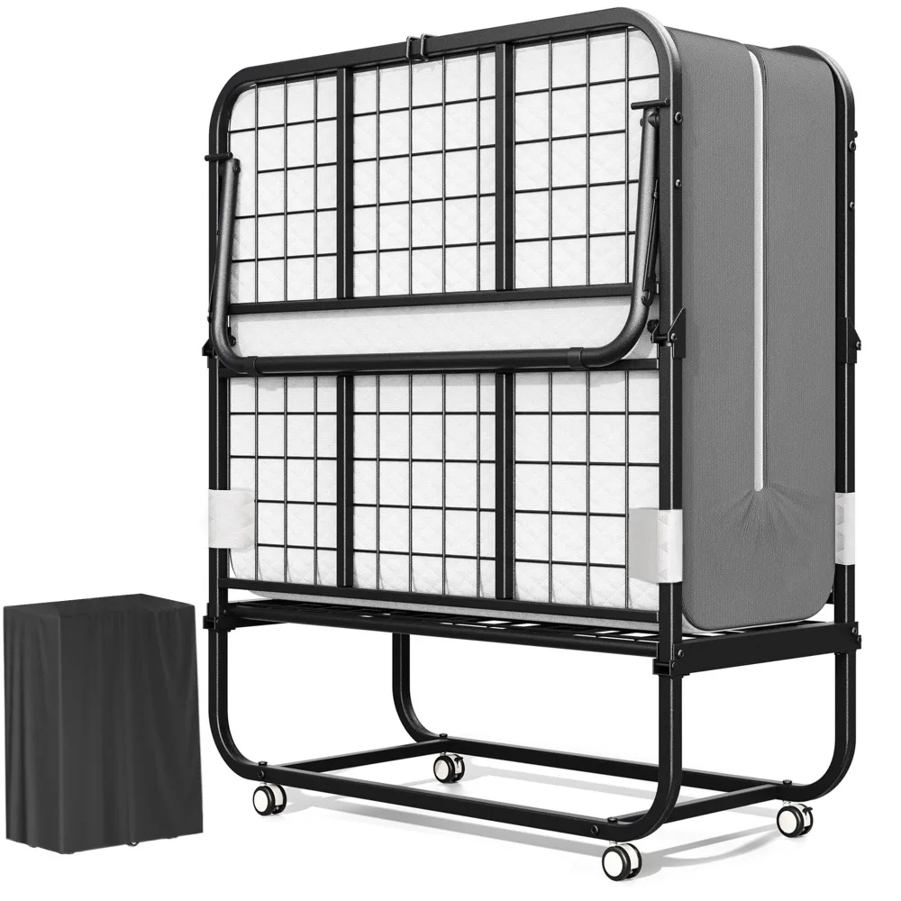 Folding Bed with 5 Inch Mattress, 75” x 38” Portable Rollaway Bed with Memory Mattress and Metal Frame for