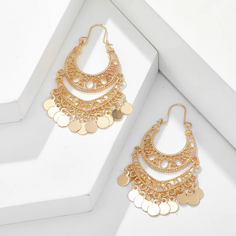 Bohemian Fashion Trendy Gold Sequin Tassel Hoop Drop Earrings Women\'s Luxury Ethnic Style Party Bridal Gift Accessories