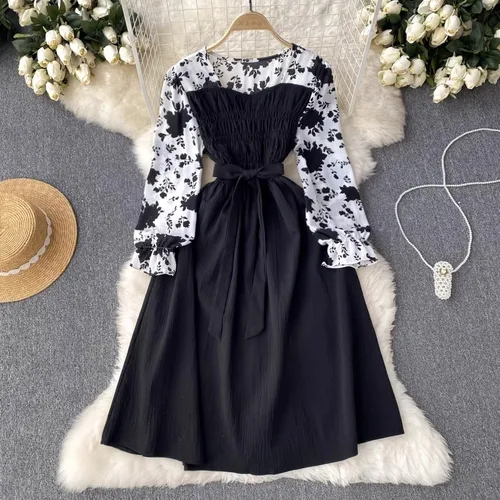 Imagen 2 del producto YuooMuoo elegante moda Floral estampado manga larga vestido de mujer 2025 nueva primavera elegante Vintage vendaje cintura delgada Vestidos de fiesta