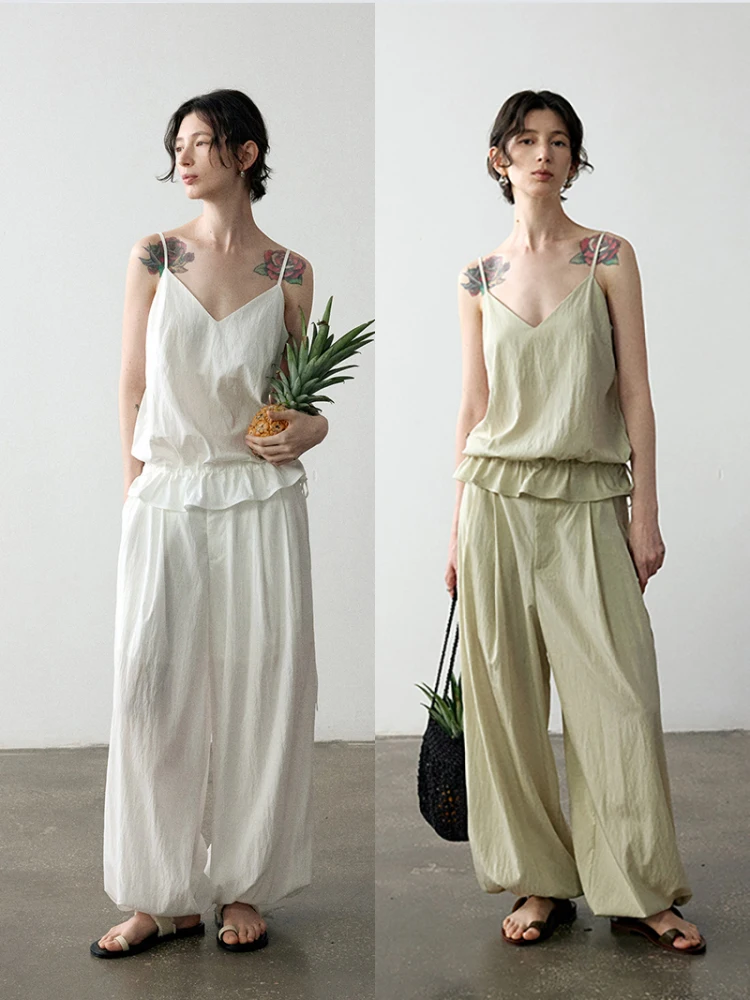 

TINNTINN V-образный вырез с завязками по краю, плиссированный жилет с лямками, эластичный пояс, брюки-фонарики, комплект женских летних тонких однотонных цветов