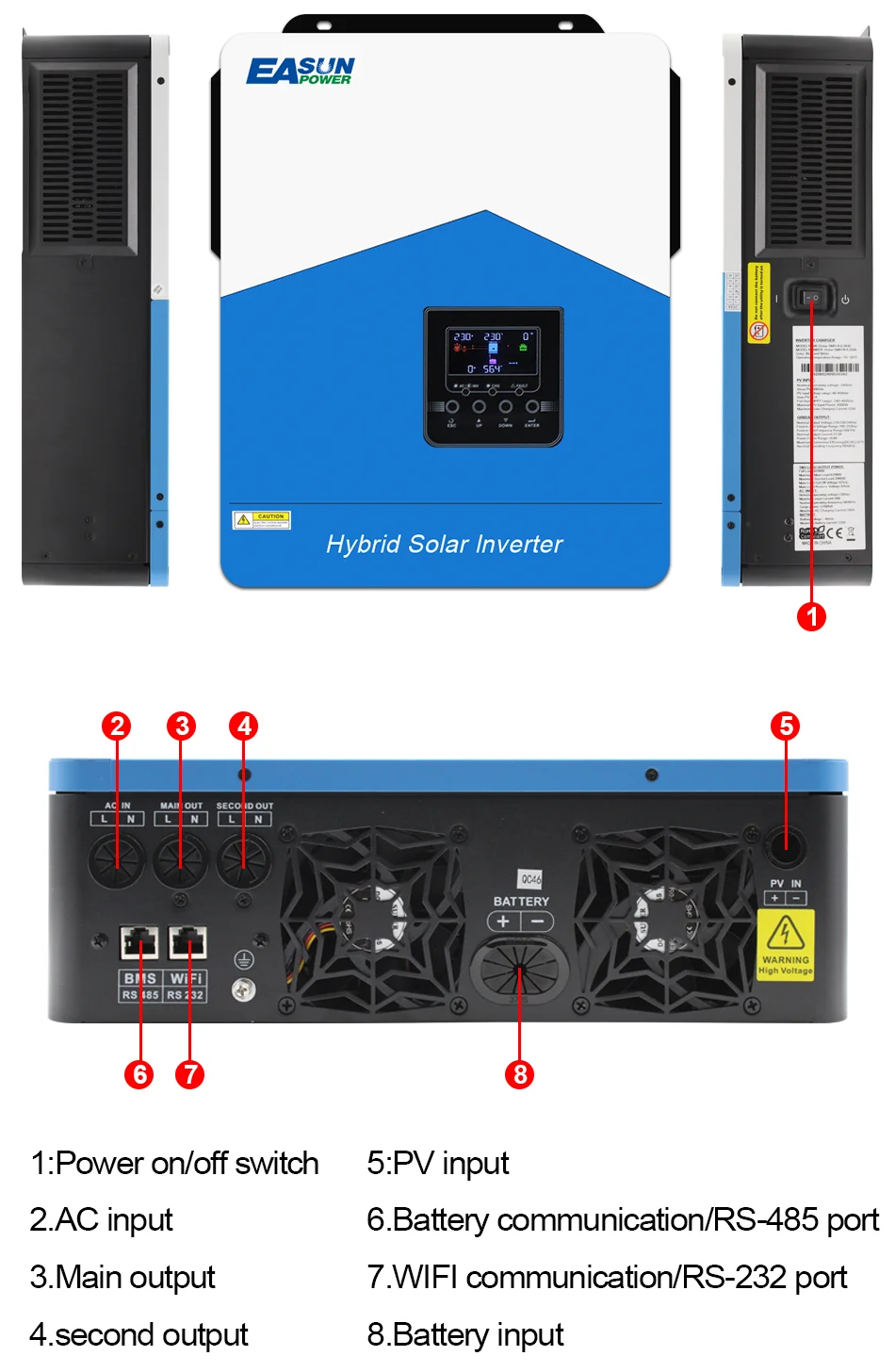 EASUN 6,2 kW Hybrid-Solar-Wechselrichter 48 V MPPT-Photovoltaik-Wechselrichter reiner Sinus PV 6500 W 500 VDC integrierter 120 A Solarladeregler – Detail 13