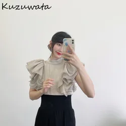 Kuzuwata Autumn New Blusas Half High Collar Ruffled Sleeveless Solid Texture Gloss Women Blouses Temperament Office Lady Shirts