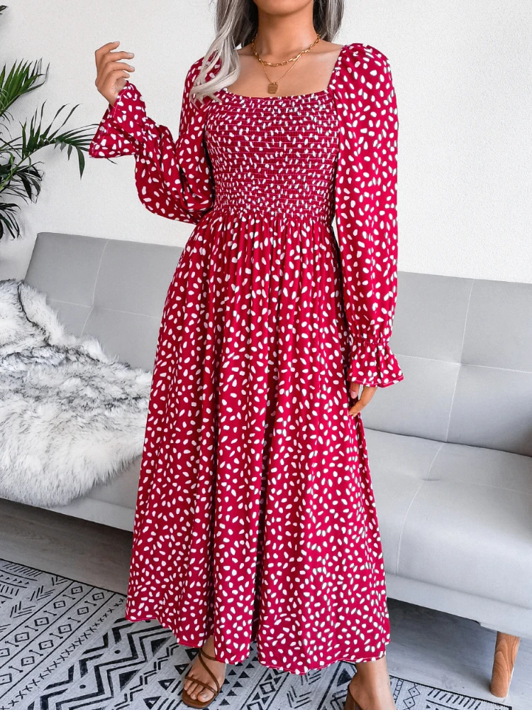 Square Neck Long Sleeve Pleated Dresses Summer Middle Waist Big Swing Flare Sleeve Ankle-length Dresses for Women 2023 Fashion