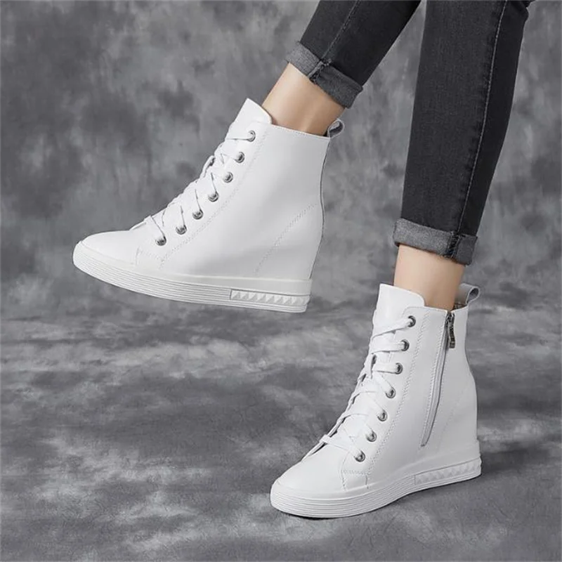 7cm Vulcanized Shoes Women Wedge Sneakers Designer Hidden High Heels Sneakers Winter Fur Warm Lace-up Black Shoes Ladies