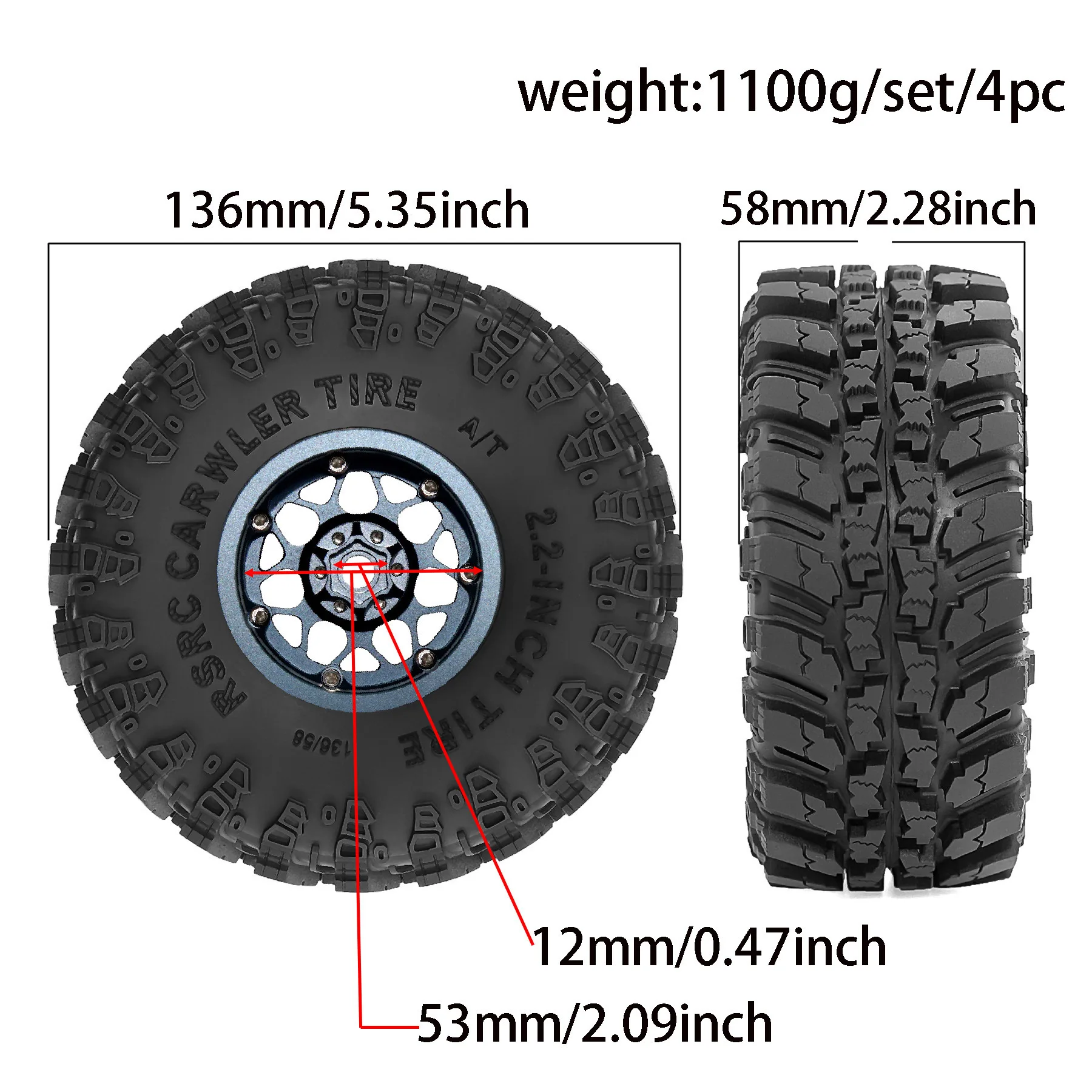 4psc 2.2 Inch Wheel Hub Tire Truck Crawler Tire Skin for Axial Wraith 1/10 TRX4 SCX10 RC Car Metal Upgrade OP Accessories Parts