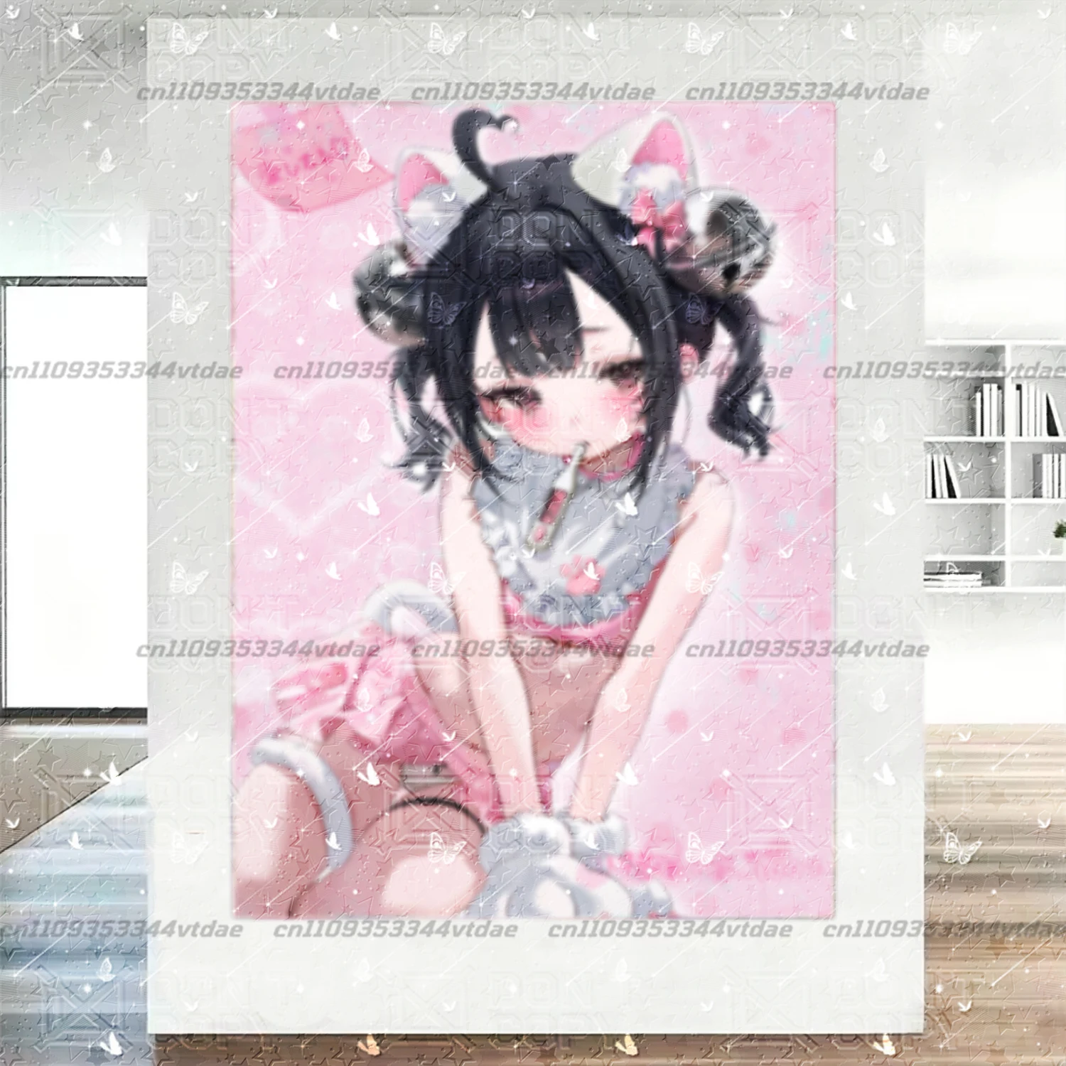 Vertical Anime Wall Tapestry Sweet Black Double Bun Cat Girl Pink Heart Print Wall Hanging Dorm Aesthetic Decor
