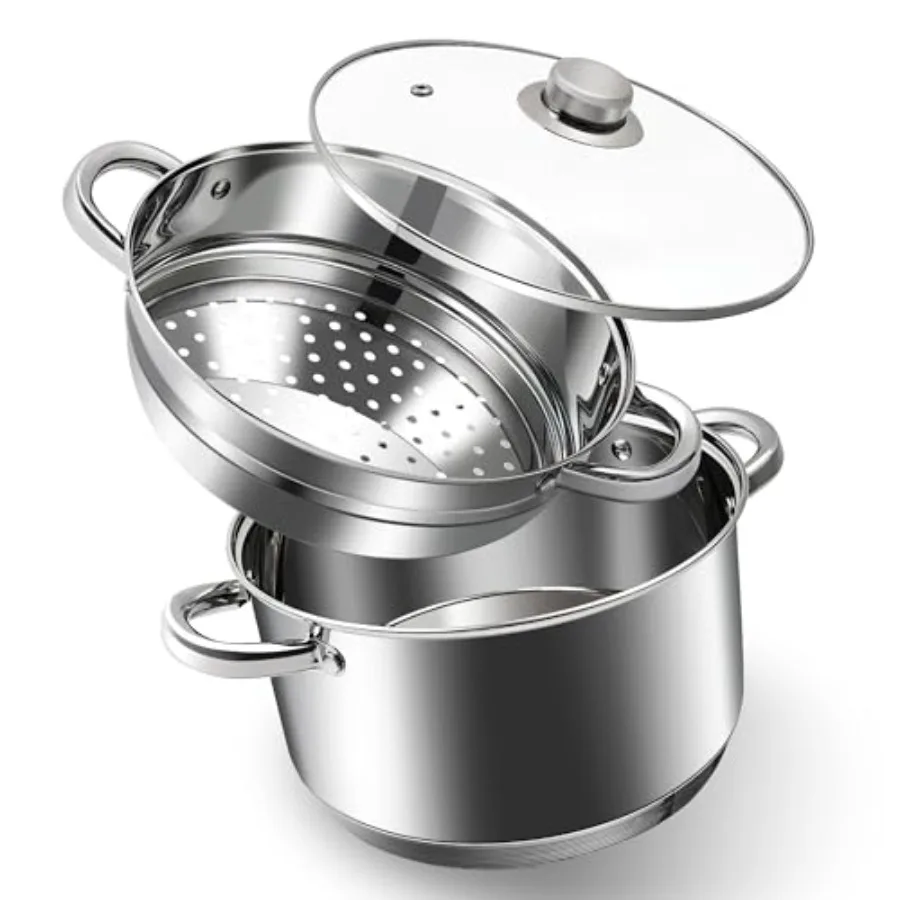 

® 6 Quart 18/10 Stainless Steel Tri-ply Stockpot and Steamer with Tempered Glass Lid Multipurpose Steamer Pot Compatible with A