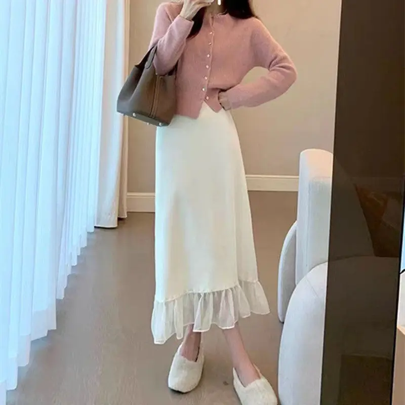 

Mesh Splicing Knitted Half Skirt Small Stature, Autumn and Winter Fashion High Waist A-line Skirt, Mid Length, Hip Hugging Skirt
