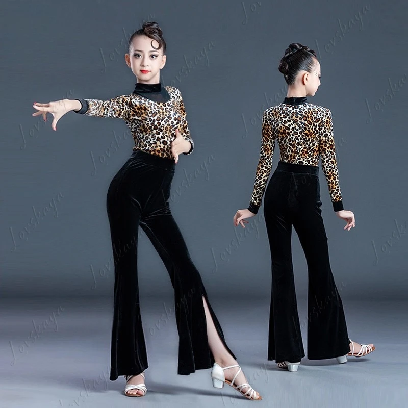 

Autumn and Winter New Style Children's Latin Dance Training Suit - Leopard Print Long-sleeved Long Pants Practice Suit Set