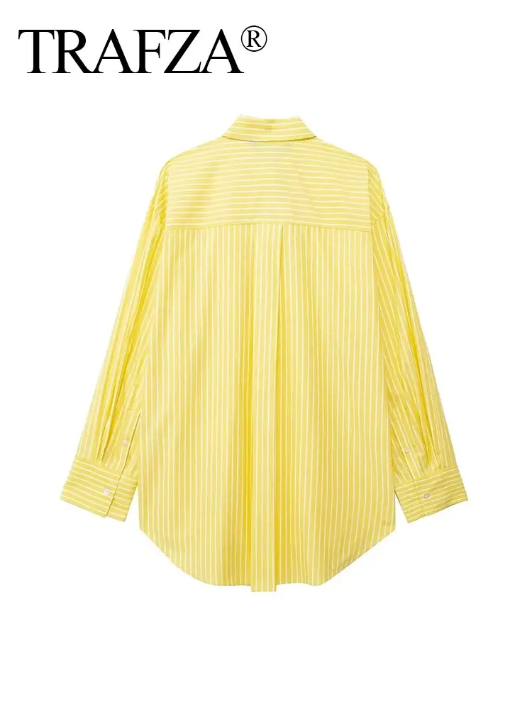 TRAFZA 2024 Summer Causal Yellow Striped Blouse For Women Long Sleeves Lapel With Pocket Single Breasted Elegant Shirt Chic Tops