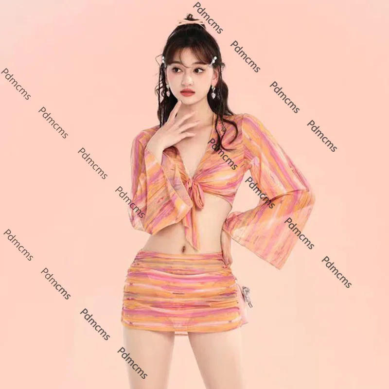 

2025 new bikini swimsuit women's blouse tie-dye white sexy small chest neck four-piece swimsuit