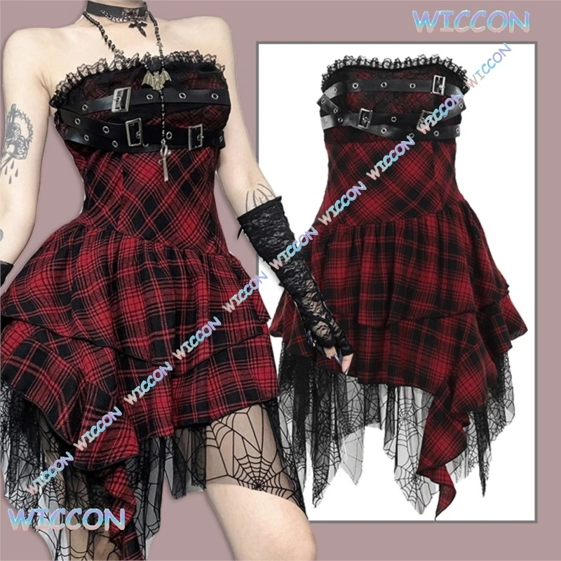 

[Youkoo]Gothic Bodycon Cosplay Dress jirai kei Neck Grid Elegant Sexy Clubwear Tight Bandage Skirt Vintage Lolita Style Party Ha