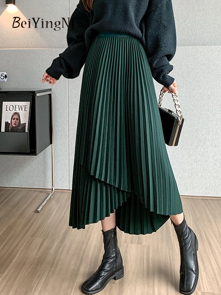 Beiyingni Women's Midi Pleated Skirt Asymmetrical Slim Elastic Waist Vintage Korean A-line Skirts 2022 Fashion Black Chic Skirt