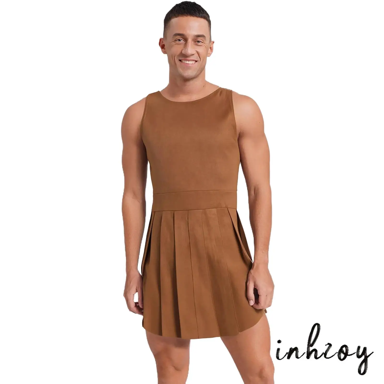

Roman Spartan Warrior Costume Men Faux Suede Sleeveless Tunic Pleated Dress Hidden Back Zipper Gladiator Halloween Outfit