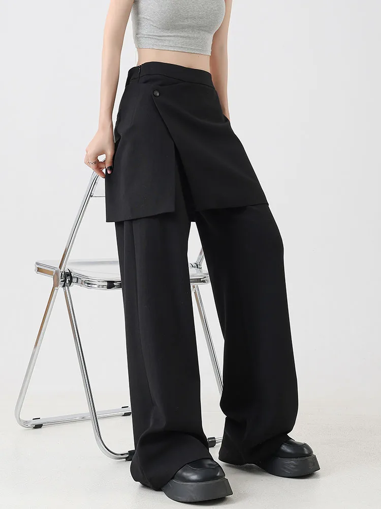 2024 Spring Autumn Women Straight Suits Pants Female High Waist Black Fake Two Pieces Wide Leg Trousers Streetwear WP21