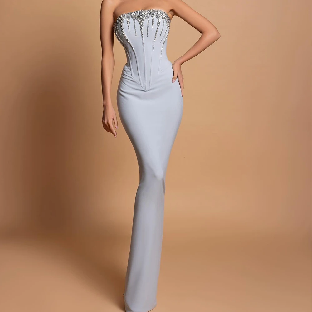 

Customized Luxury Jersey Straight Crystal Sequined Evening Dress High Quality Floor Length Back Slit vestidos de fiesta