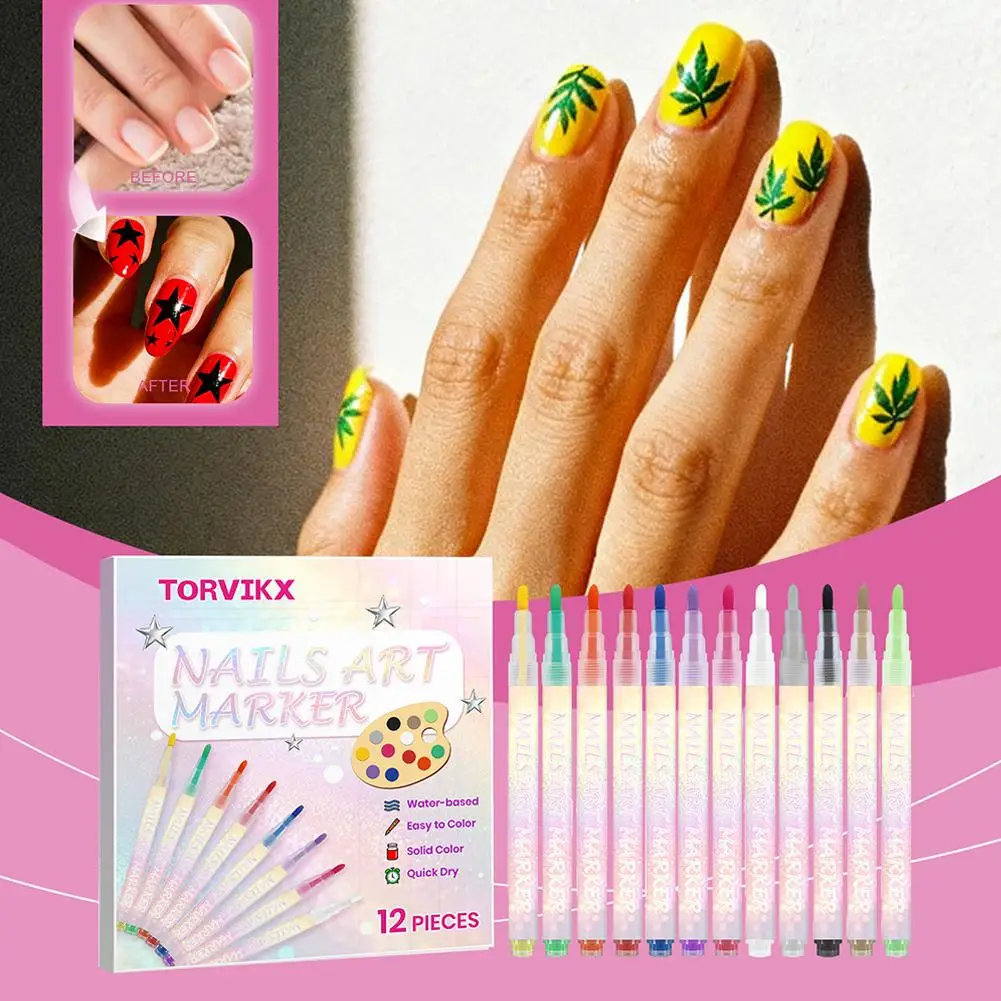 12개/세트 네일 아크릴 펜 방수 및 빠른 건조 도트 플라워 라이너 펜 3D 효과 네일 아트 그래피티 펜 네일 도구