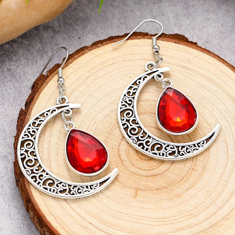 Gothic Red Color Crystal Moon Earrings for Women Romantic Dark Witch Vintage Jewelry Minimal Pagan Phase Witchy Goddess Gifts