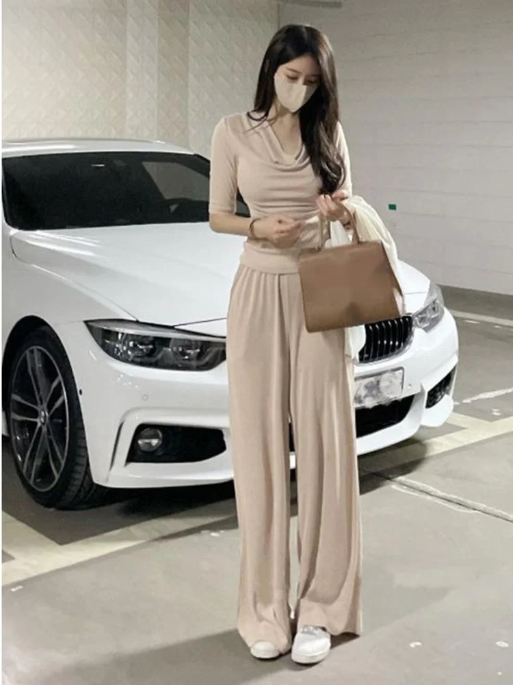 Pants Srt TVVOVVIN Korea OL Elegant V Collar Short Sleeve T-shirt + Loose Casual Wide Leg Pants Two-piece Suit Sweet Korean 9L0