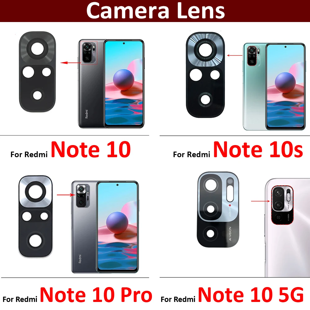 Nuovo obiettivo in vetro per fotocamera posteriore posteriore per Xiaomi Redmi Note 10 5G / Note 10s / Note 10 Pro / Note 10 con adesivo adesivo