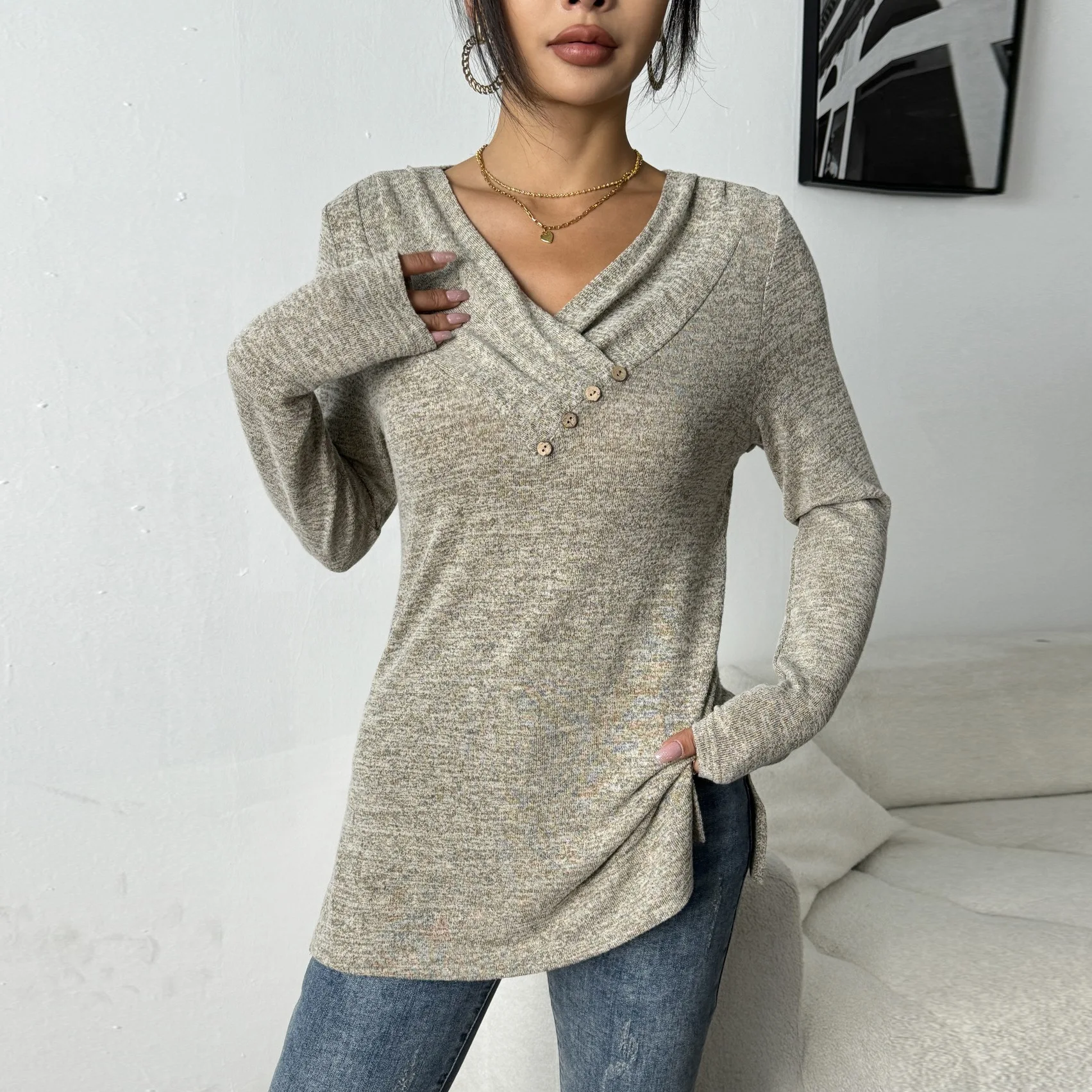Women's Fuzzy Long Sleeve Tee V Neck Button Front Soft Fall Blouse
