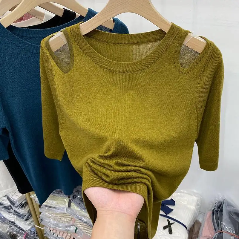 Hollowed Out Off Shoulder All-match Knitted T-Shirt Summer Short Sleeve Pullover Tees Korean Fashion Vintage Women Casual Tops