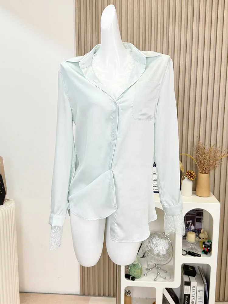 Autumn 2024 New Design Light Green Loose Long Sleeve Shirts Office Women Fashion Cozy Straight Tops Classical Polo-Neck Blouses