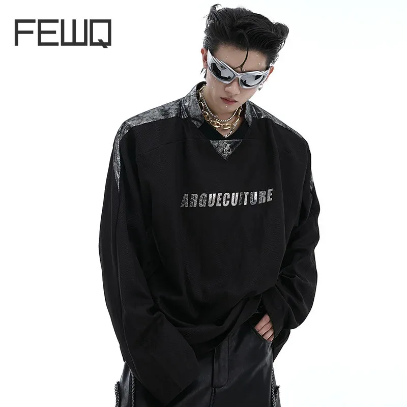 

Мужская футболка с длинным рукавом FEWQ, желтая Сетчатая футболка в американском стиле, свободная футболка с длинными рукавами, дизайнерская футболка, 2024