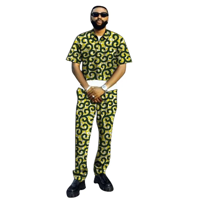 Short T-shirt Men's Set Zipper Placket Tops Patch Trousers African Print Street Style Pant Suits Tailor Made Party Wear