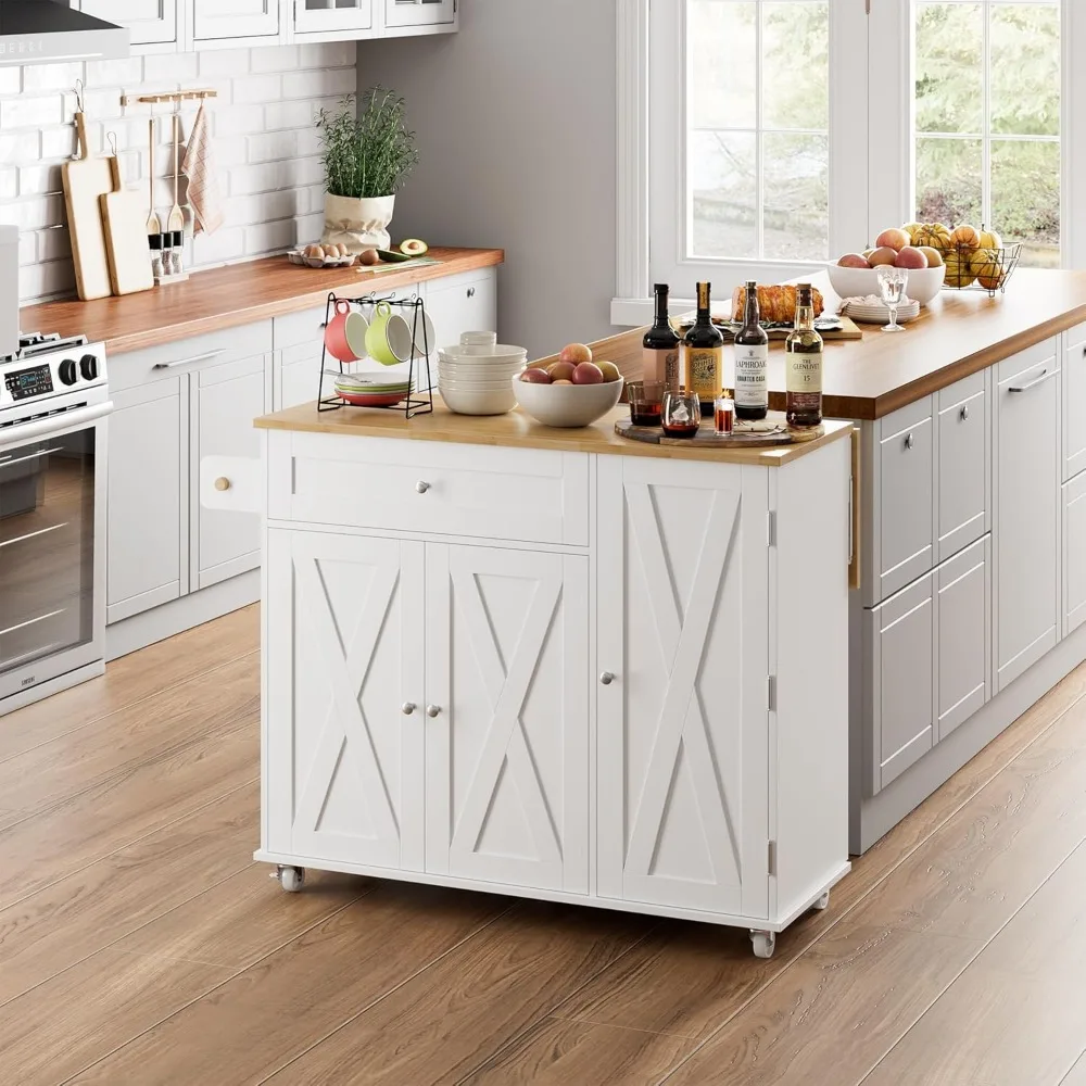 Kitchen Island with Storage, Island Table on Wheels with Drop Leaf, Spice Rack, Drawer, Towel Rack