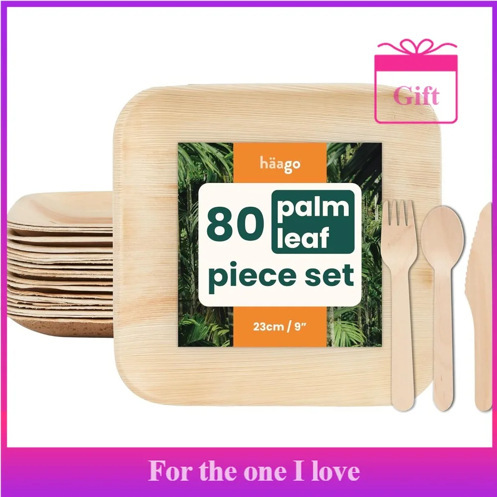

80 palm leaf patterned plates, party tableware for 20 guests | 20 square plates + 60 bamboo cutlery pieces