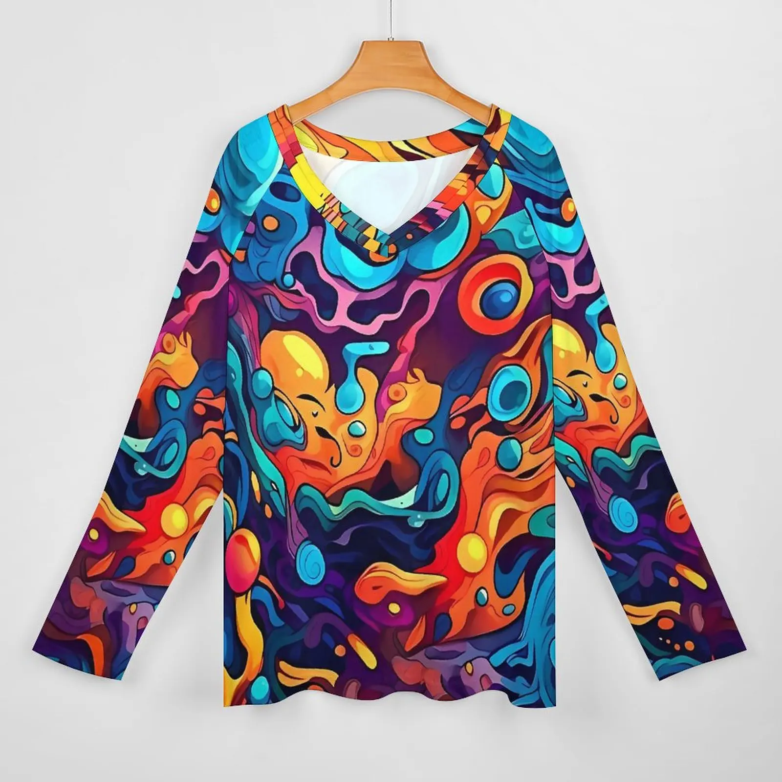 Abstract Graffiti Doodle Print T Shirts  Cute T-Shirt Womens Long-Sleeve Streetwear Tops Oversized V Neck Custom Tees