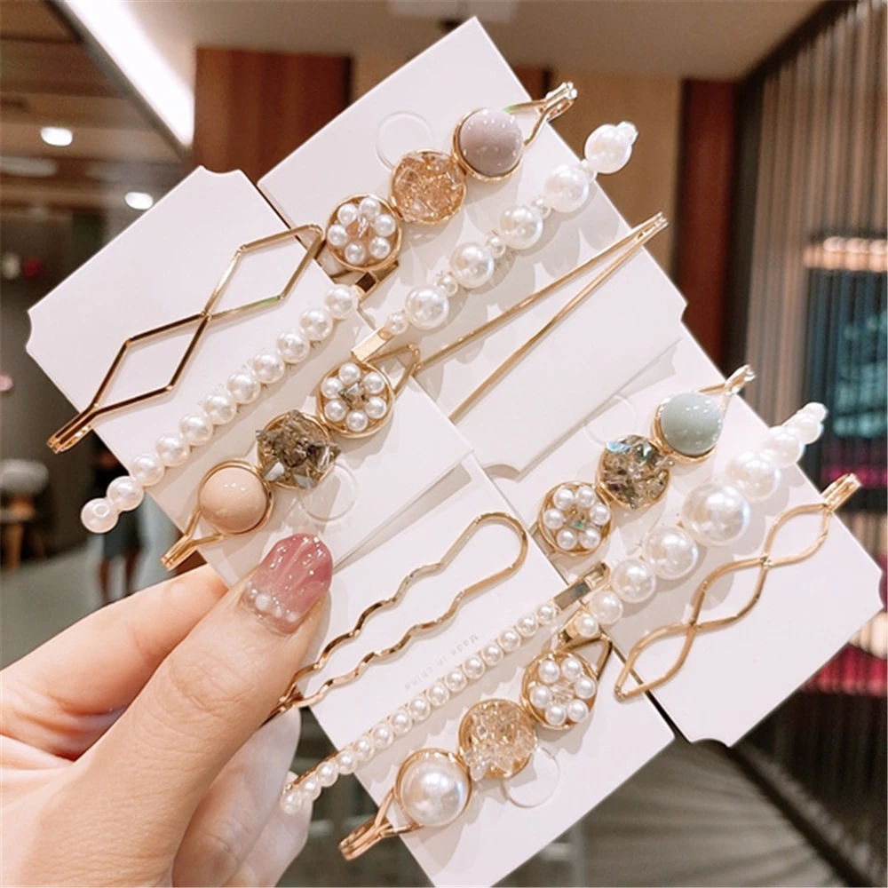 3Pcs/Set Imitate Pearl Crystal Hair Clips Geometric Metal Women Girls Hairpin Elegant Rhinestones Barrettes Hair Accessories