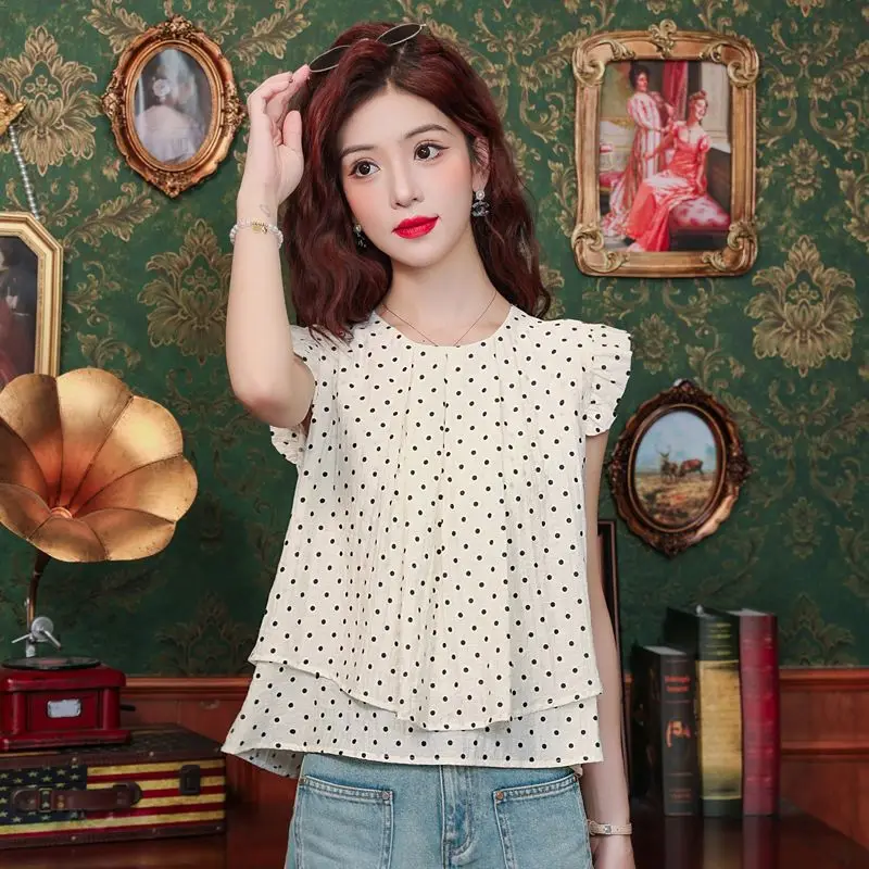 

Summer New Korean Style Pleated Round Collar Polka Dot Flutter Sleeve Shirt Women's Loose Sleeveless Doll Vest Top