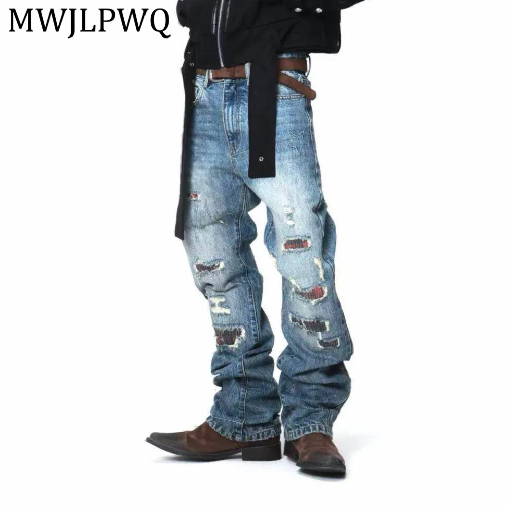 

MWJLPWQ Washed Blue Red Plaid Ripped Stacked Flared Jeans Men's Trend Slim-Fit Street-Style Slimming Trousers Spring New 14464