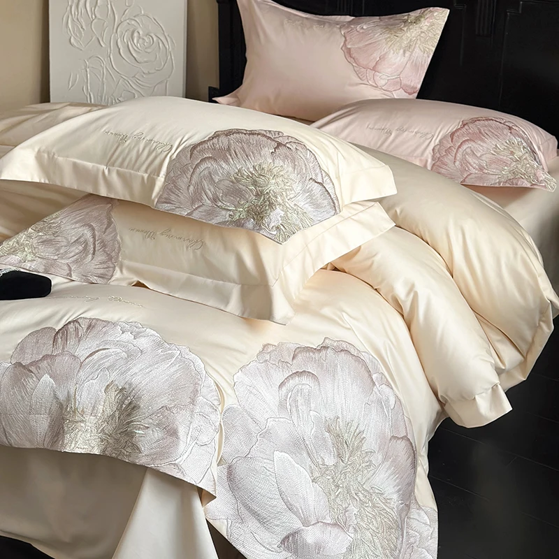 1000TC Egyptian Cotton Flowers Embroidery Luxury Bedding Set Champagne Pink Blue Duvet Cover Bed Sheets Fitted Sheet Pillowcases