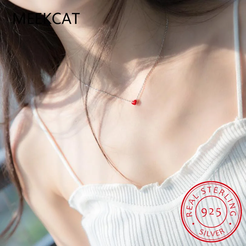 Real 925 Sterling Silver Red Enamel Hearts Pendant Necklace for Women Statement Fine Jewelry Collar Colar de Prata RHN734