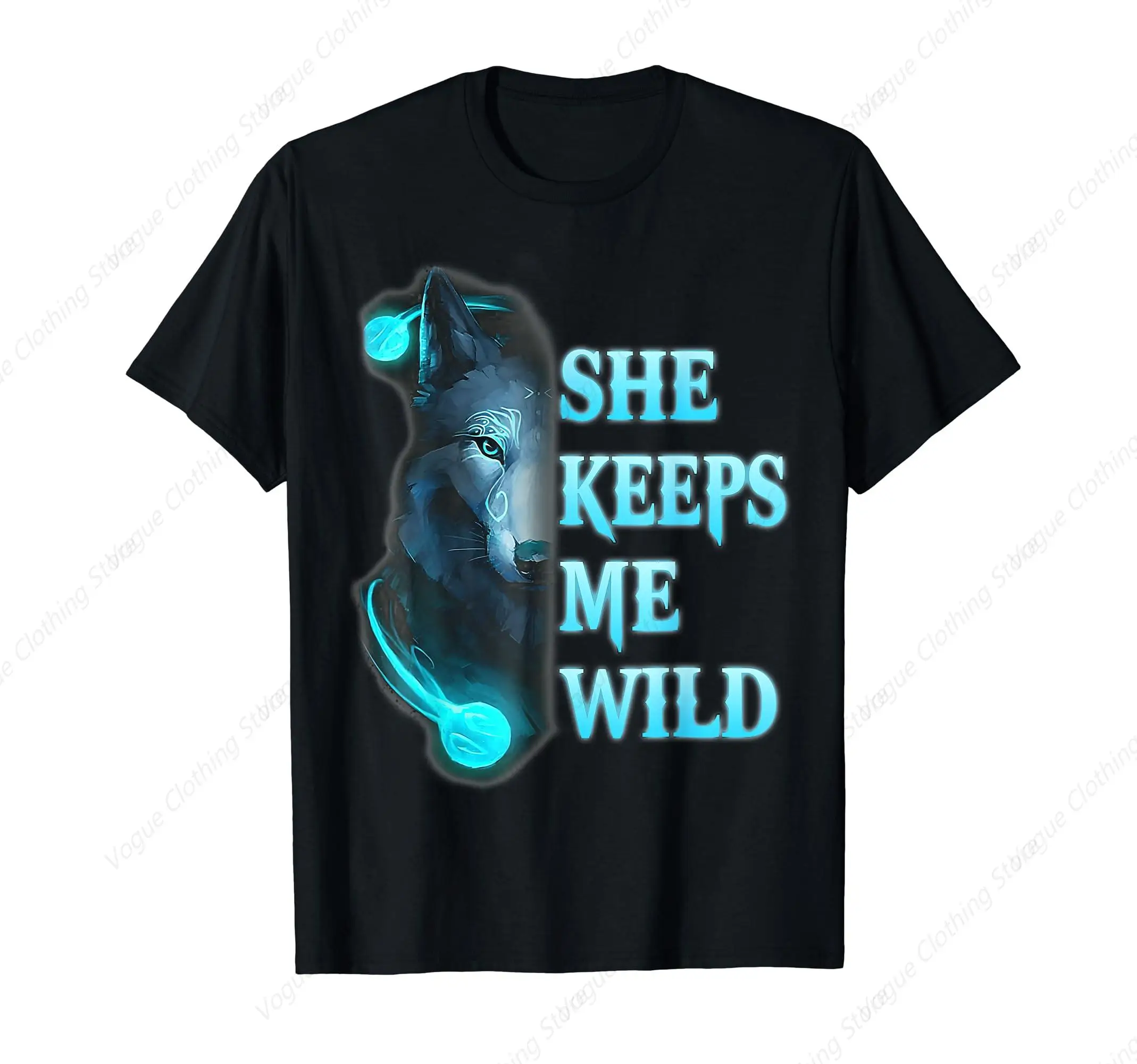 She Keeps Me Wild - He Keeps Me Safe Couple Wolves T-Shirt Prevailing Tops Cotton Short Sleeves Daily Leisure Soft Tee