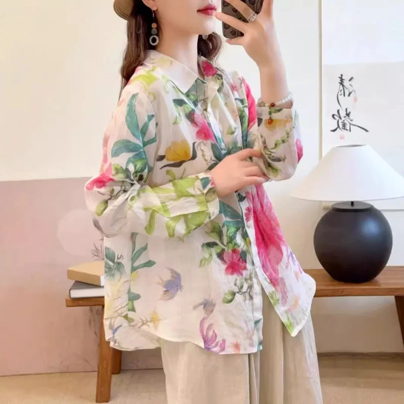 เสื้อเชิ้ตผ้าลินินพิมพ์ลายดอกไม้ใหม่ ฤดูใบไม้ร่วง 2025 ทรงหลวมอเนกประสงค์ แขนยาว คอปกติดกระดุม