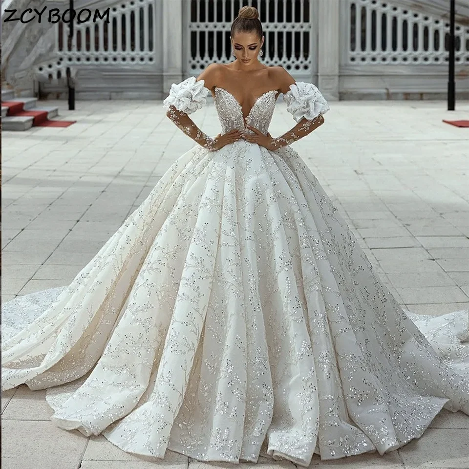 Luxury Princess V Neck Off The Shoulder Sequin Beaded Ball Gown Wedding Dress 2024 Lace Up Court Train Bridal Gowns For Women