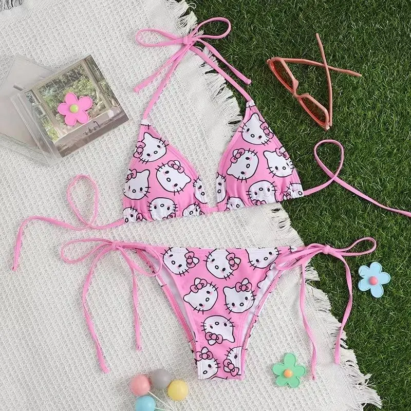 

2Pcs Hello Kitty Bikinis Set Kawaii Pink Swimsuit Sexy Bikini 2024 Women Summer Y2k Strappy Pantie Adjustable Swimwear Beachwear