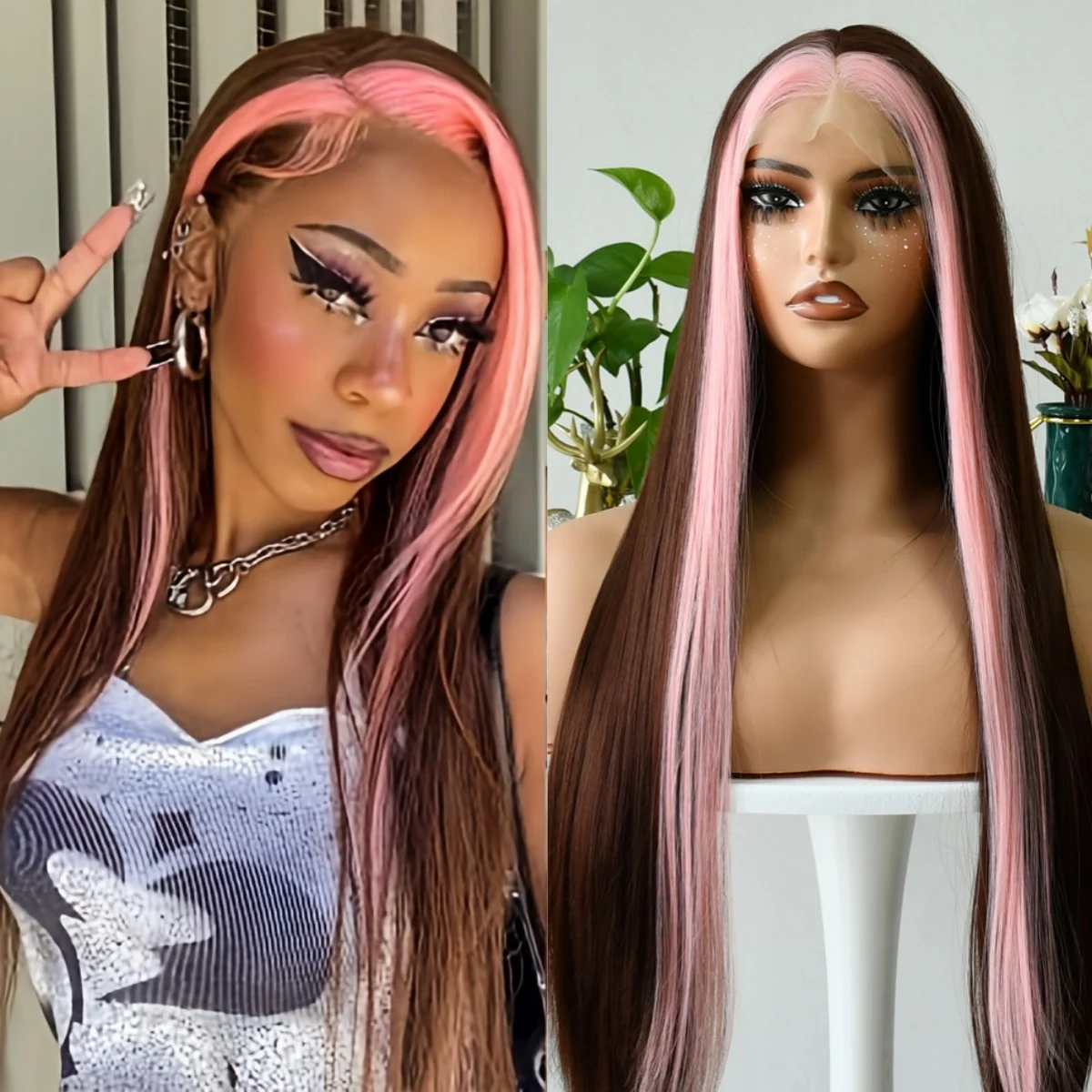 Perruque Lace Front Wig synthétique lisse à reflets bruns et roses, 13x4, HD, pre-plucked, sans colle, résistante à la chaleur au quotidien