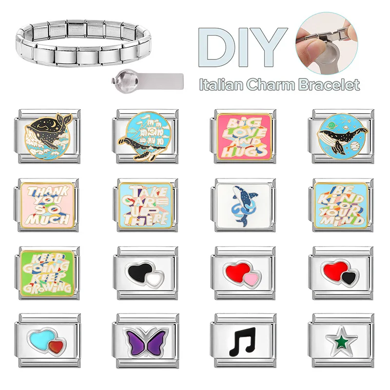 الزركون القلب القوس الكرز الصليب ستار القمر اللؤلؤ الصلب اللون الإيطالية سحر الروابط صالح 9 مللي متر الفولاذ المقاوم للصدأ سوار النساء DIY بها بنفسك صنع