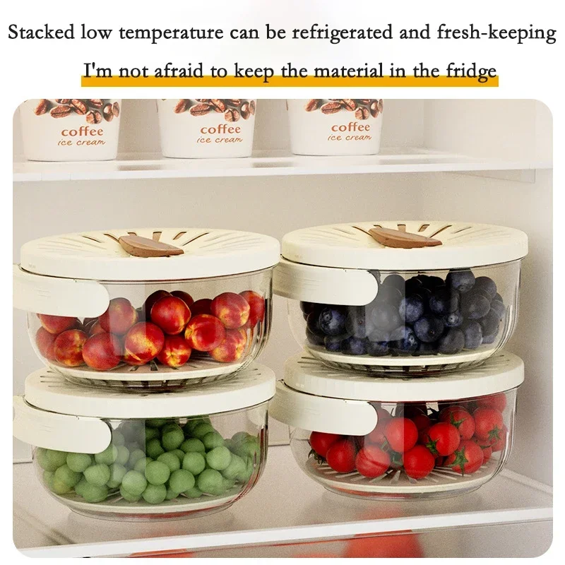 Fruit Drain Basket with Lid Vegetable Washing Bowl Foldable Handle Cleaning Colander Plastic Refrigerator Crisper Kitchen Box