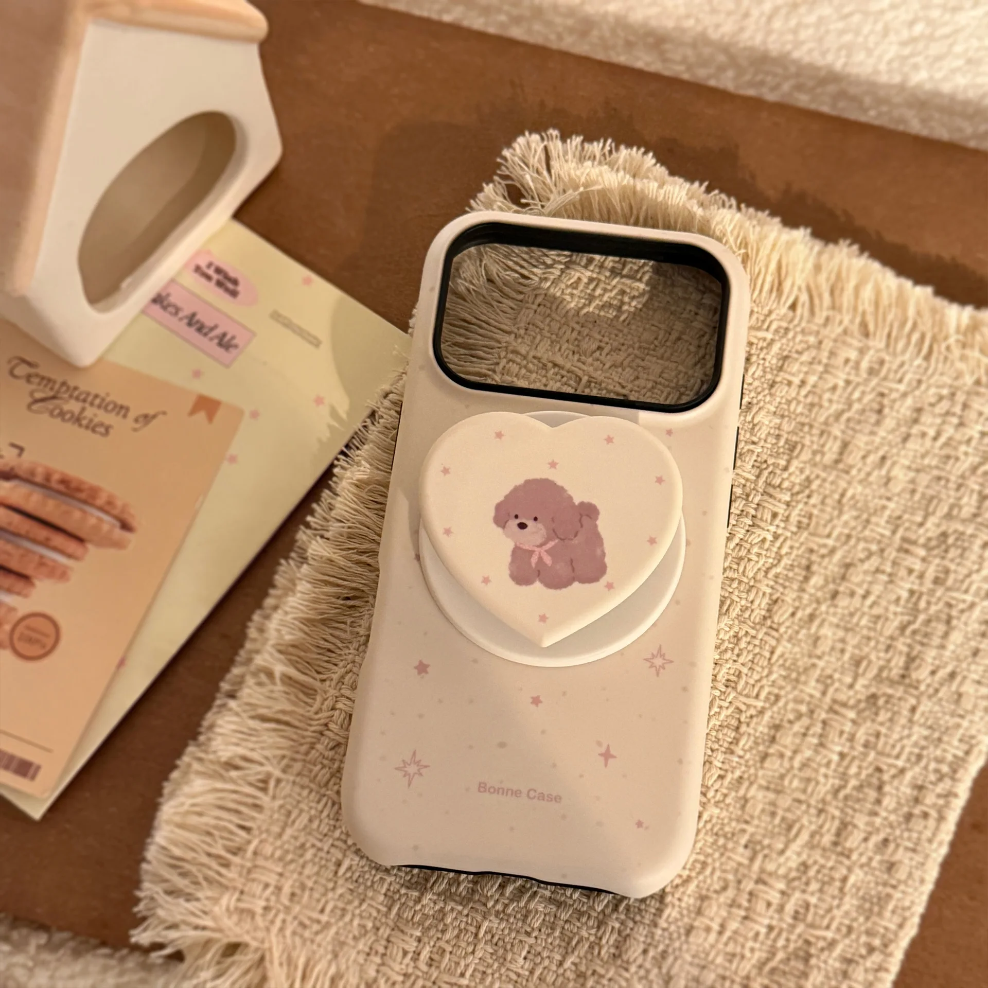 Capa de Celular Magnética Antichoque com Suporte de Coração e Desenho de Cachorrinho Coreano para iPhone 17 16 15 14 13 12 mini 11 Pro Max